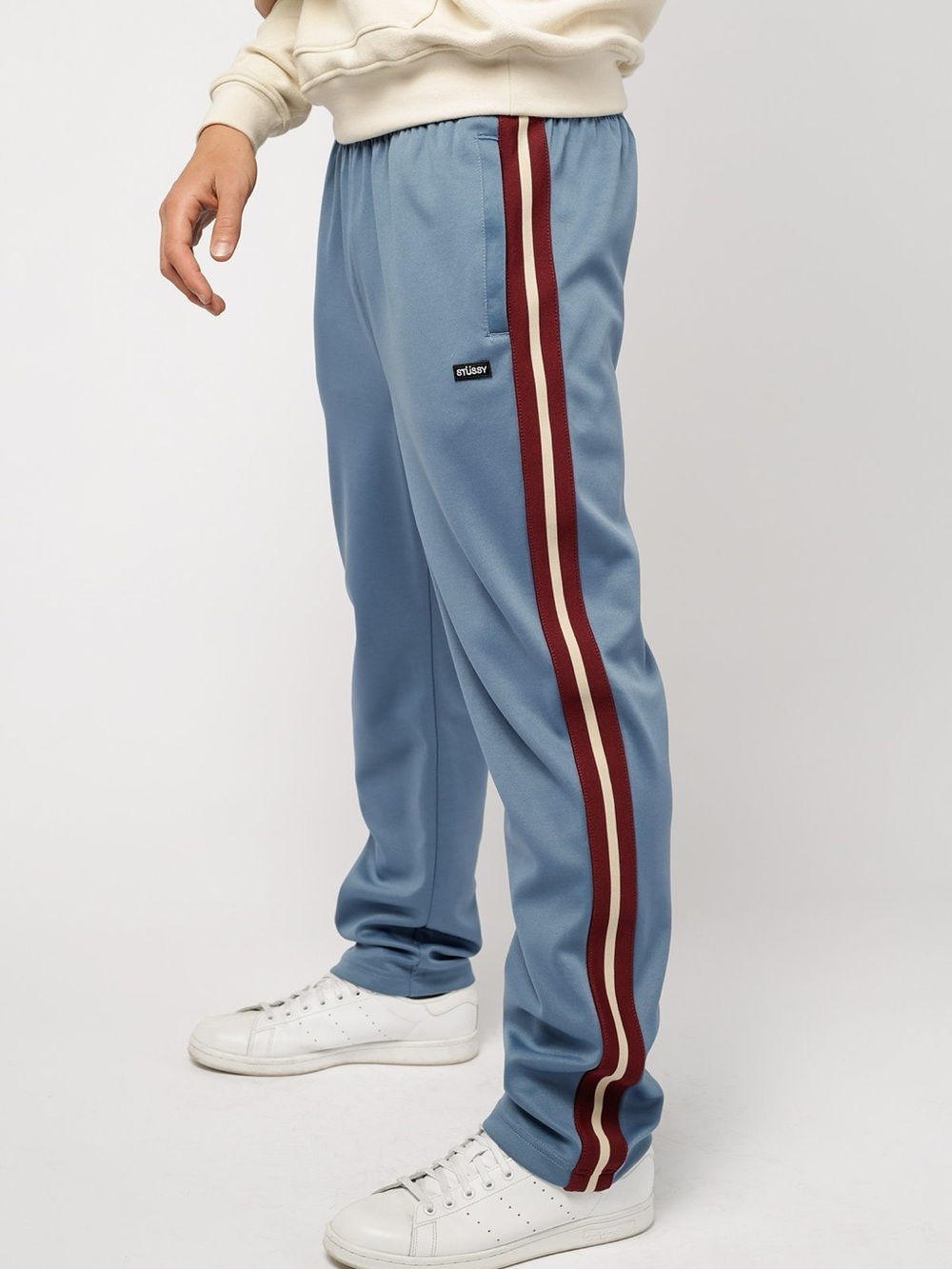 Stussy Blue Sweatpants with Maroon Side Stripes